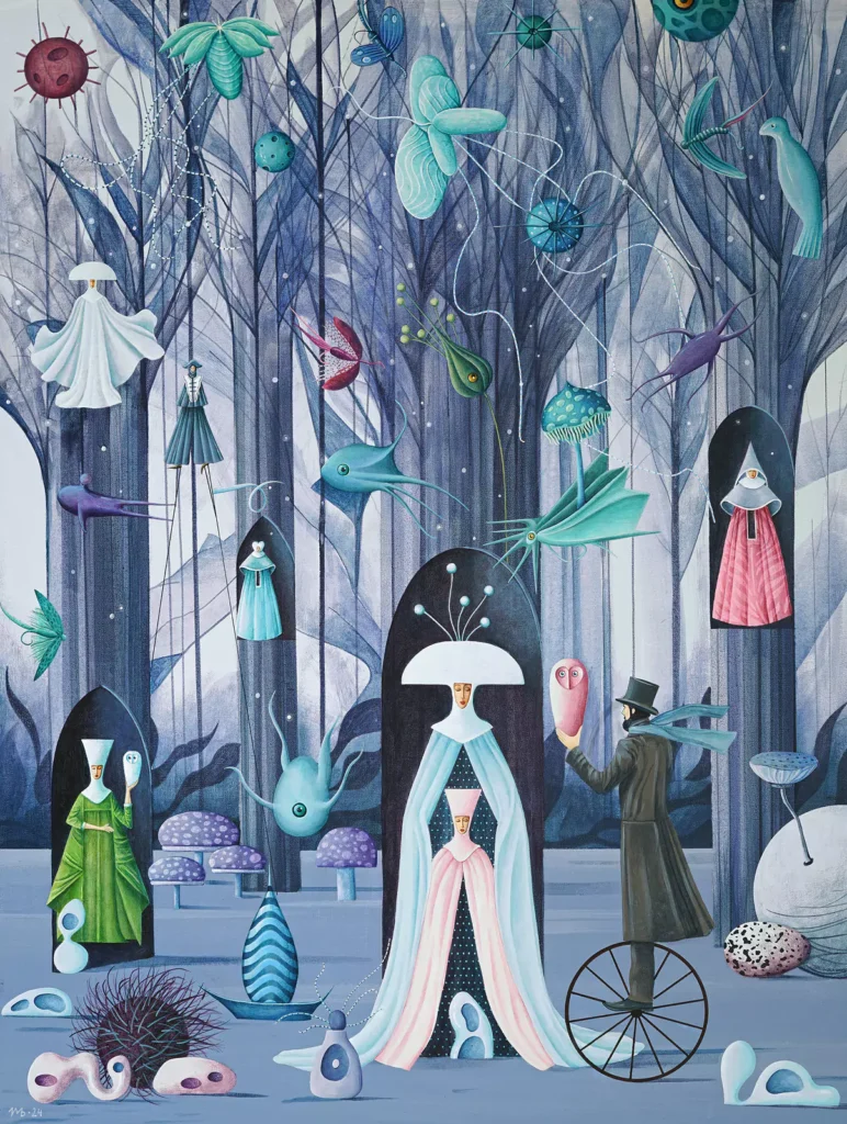 Obra de la artista surrealista polaca Maria Brzozowska titulada The sisterhood of the magic forest de 2024