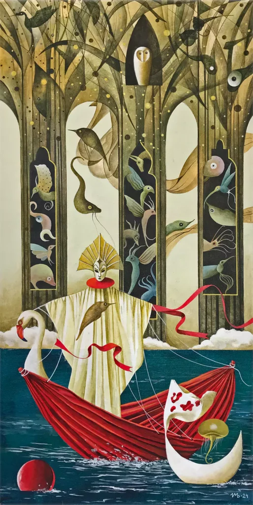 obra de arte de maria brzozowska Whispers of the spirit dwellers 80 x 40 cm. Acrílico sobre lienzo