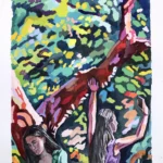 Obra de Víctor López-Rúa Jóvenes en el bosque - Acuarela y gouche sobre papel - 40 x 28 cm. 2024