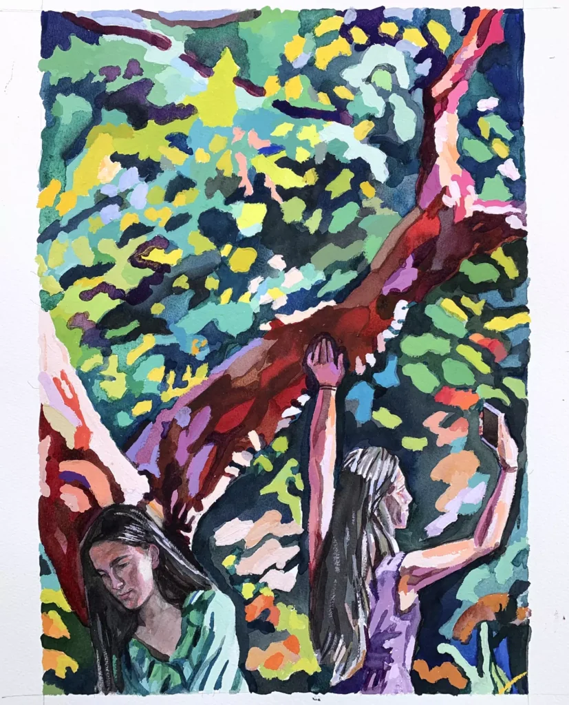 Obra de Víctor López-Rúa Jóvenes en el bosque - Acuarela y gouche sobre papel - 40 x 28 cm. 2024