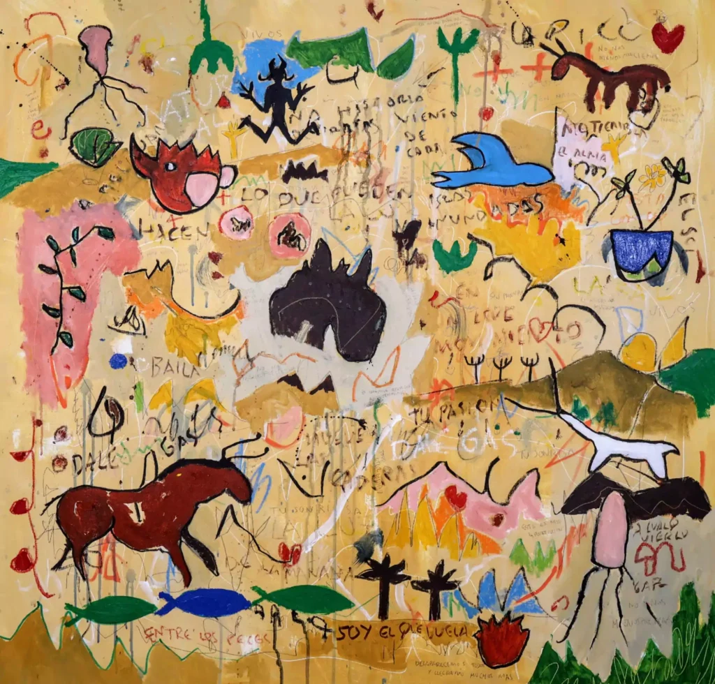 Soy el que vuela Óleo, acrílico y tinta china sobre lienzo 100 x 100 cm.