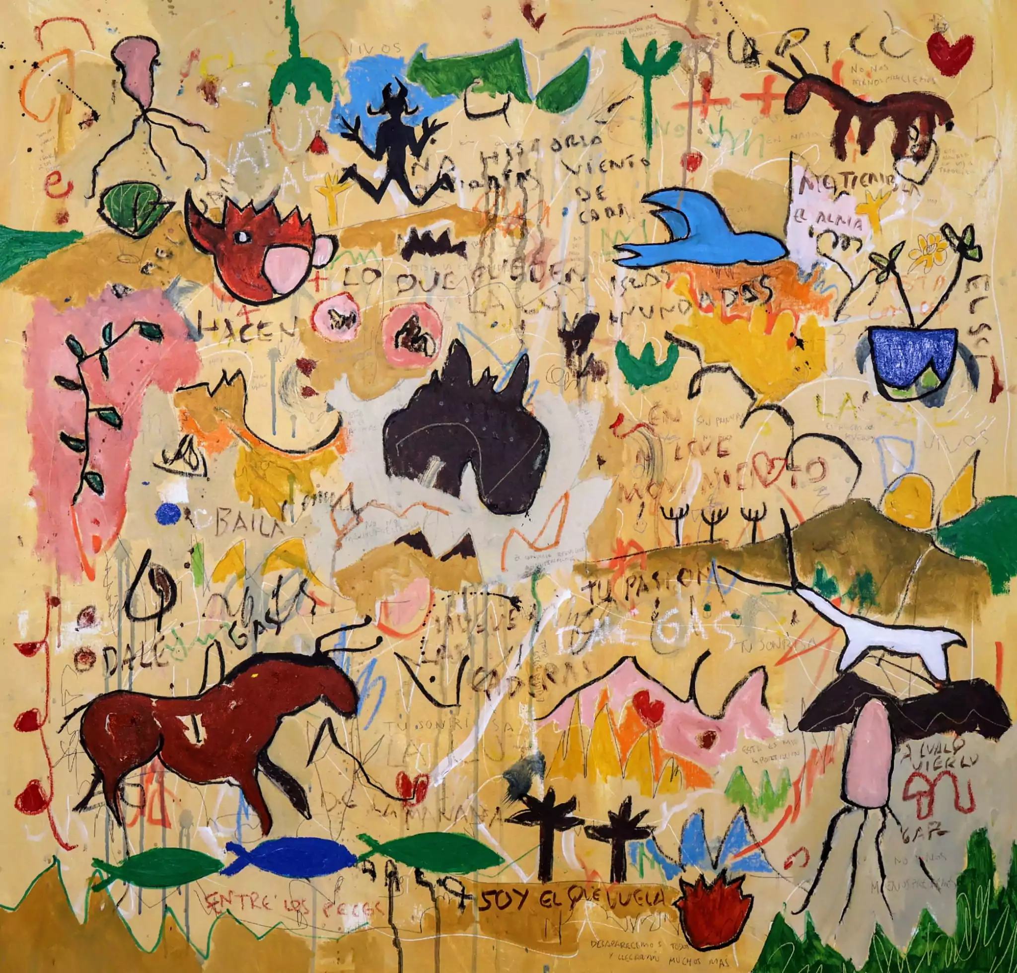 Soy el que vuela Óleo, acrílico y tinta china sobre lienzo 100 x 100 cm.
