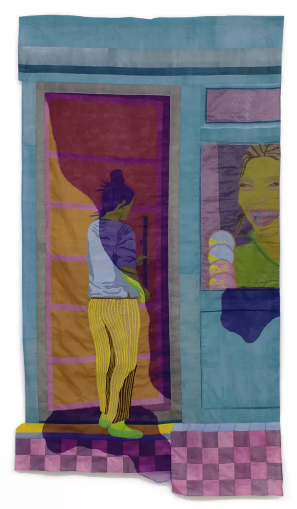 Lauren Januhowski Beauté Réservée Monotipos impresos y cosidos sobre algodón, con detalles bordados, organza de poliéster y cuentas de vidrio 197 x 110 cm.