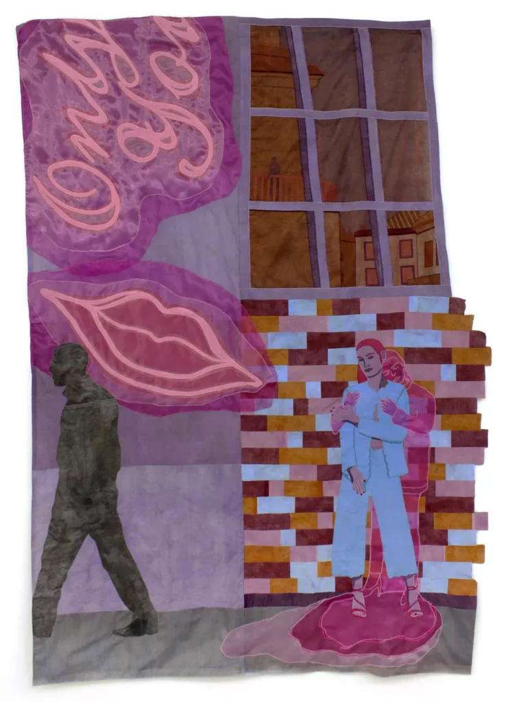 Lauren Januhowski Only you Monotipos impresos y cosidos sobre algodón, con detalles bordados, organza de poliéster y cuentas de vidrio 200 x 140 cm.