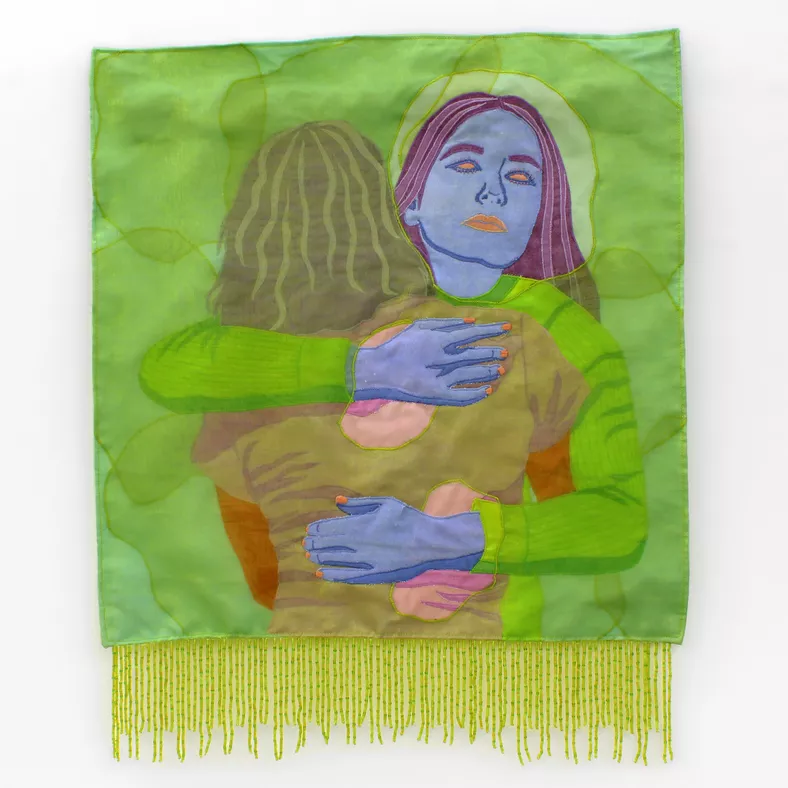 Phantom Embrace Monotipos impresos y cosidos sobre algodón, con detalles bordados, organza de poliéster y cuentas de vidrio 57 x 46 cm.