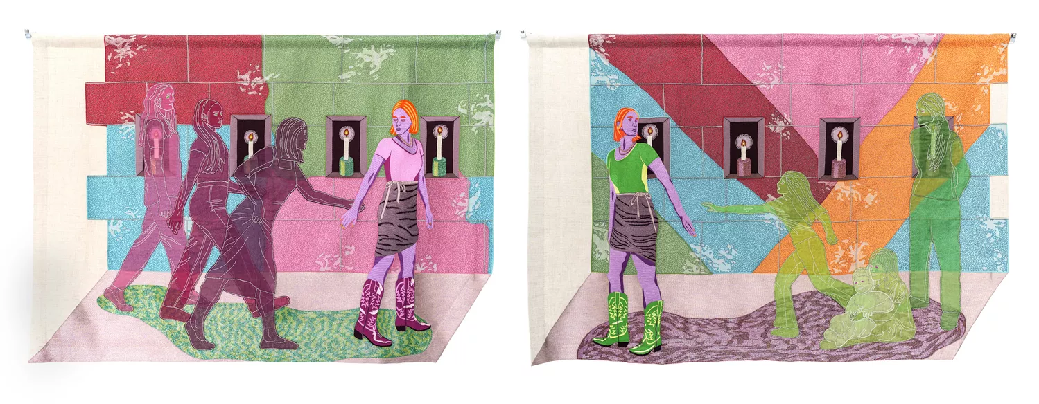 Lauren Januhowski Walking in Lucknow Díptico Bordado zardozi, aplicaciones de satén y organza, y cuentas de vidrio 90 x 265 cm.